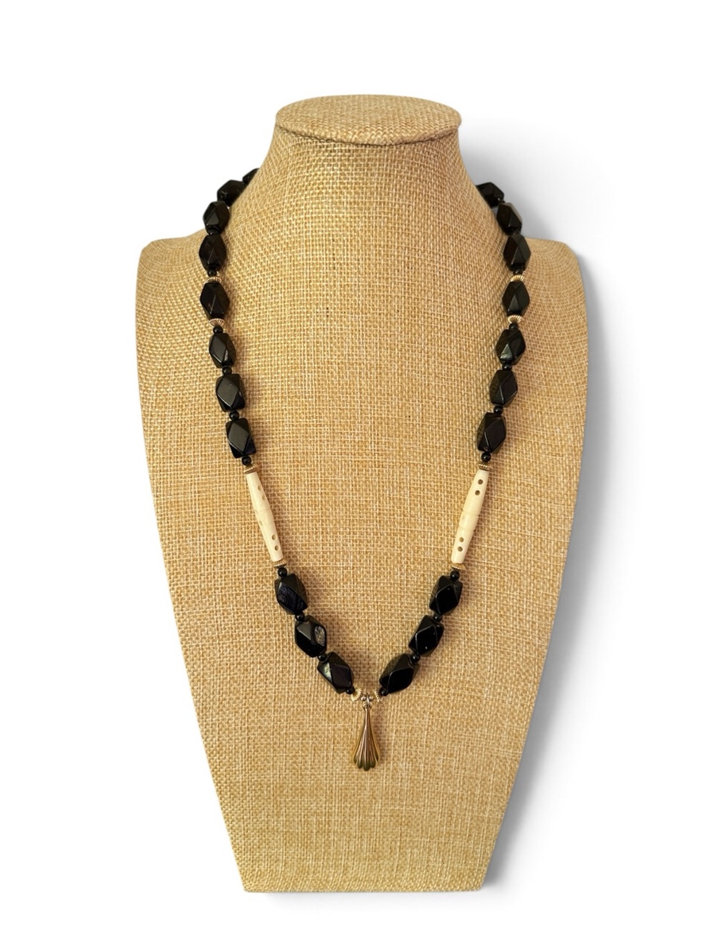 Vintage Carved Bone & Black Beaded Necklace with KJL Pendant
